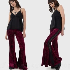 Killstar Red Velvet Black Lace Detail Bell-bottom Flare Pants Whimsigoth Vamp XS
